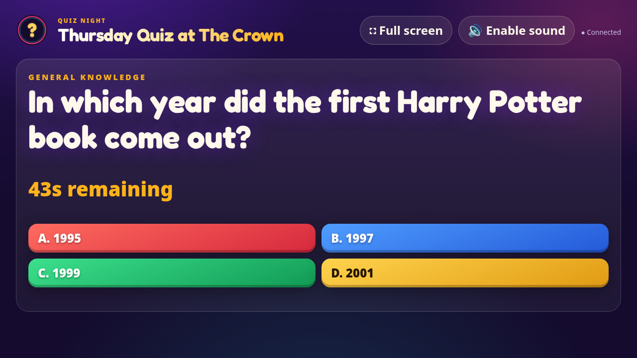 The quiz on the TV: a question, a timer and the QR code to join